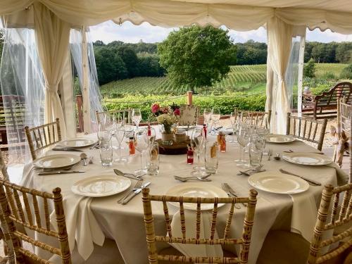 Inside the marquee at Bluebell Vineyard Estates, a wedding venue and winery in Uckfield, East Sussex.