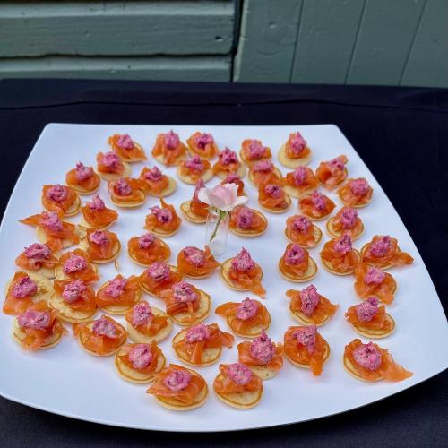 Our in-house cured gravlax canapés with beetroot and dill remoulade sauce