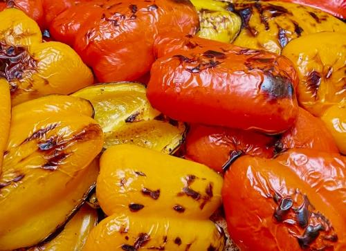 Roasted red and yellow peppers.