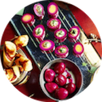Beetroot marinated quail eggs and olives