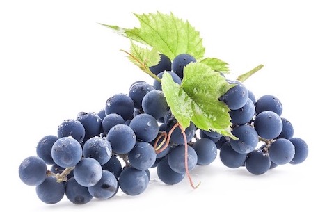 Bunch of red grapes with and leaves on white background